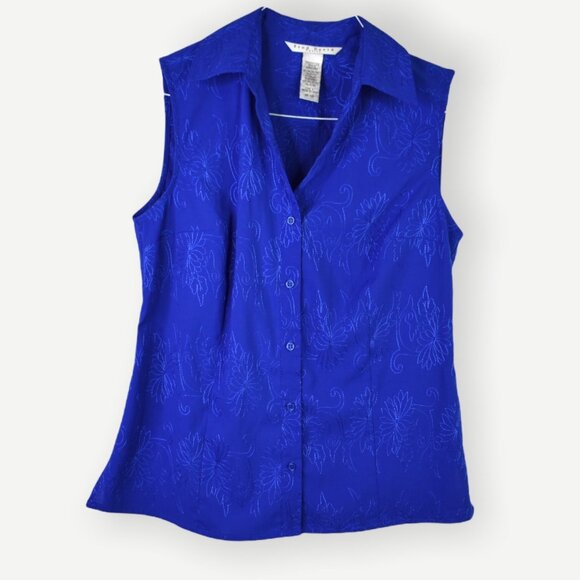 Fred David Top MP Womens Blue Sleeveless Collared Button Front V-Neck - Picture 1 of 10